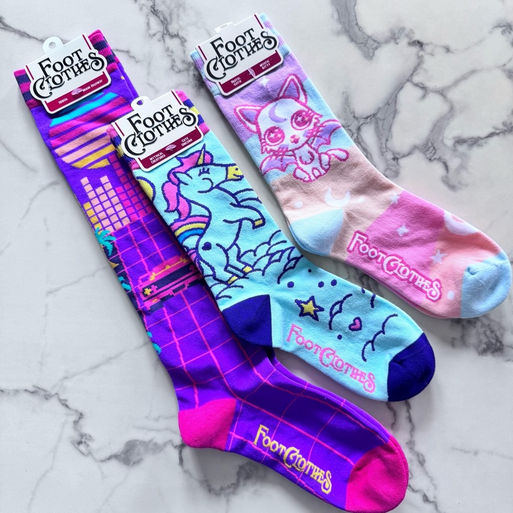 Foot Clothes Fun Funky Socks - Kitty Unicorn Miami 3-pair Bundle